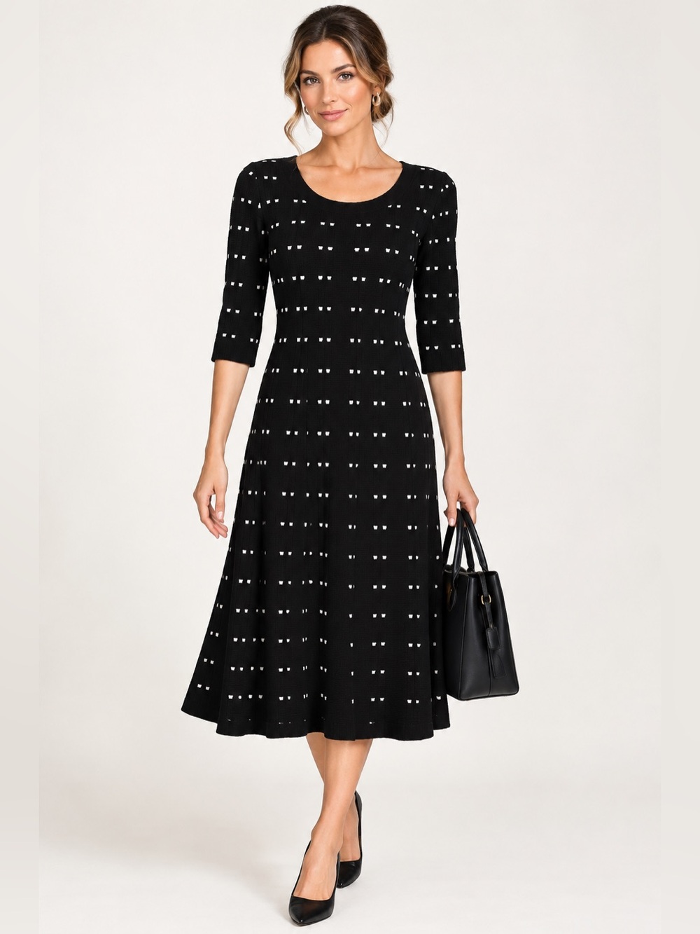 Gabby Skye Classic Black/White A~Line Textured Knit Sweater Dress Career Office